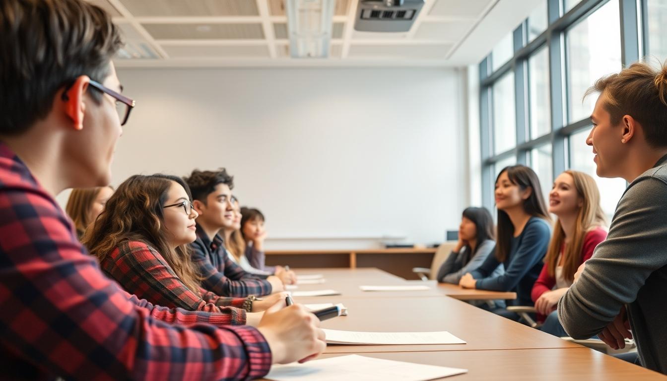 Students studying together in modern classroom